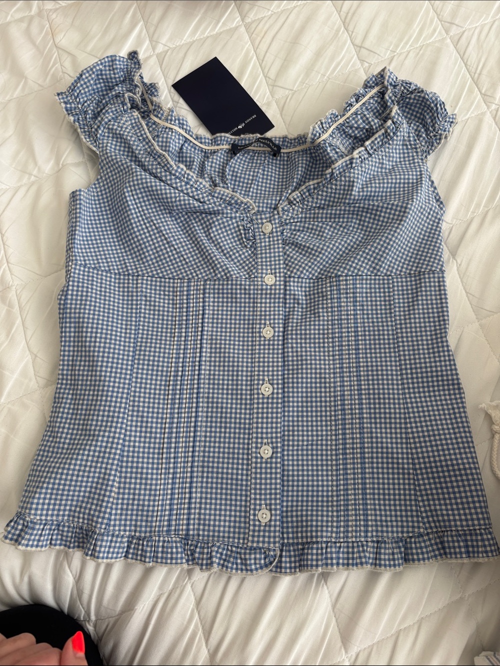 Blue Gingham Ruffle Button-Front Women's Top - Picture 1 of 3